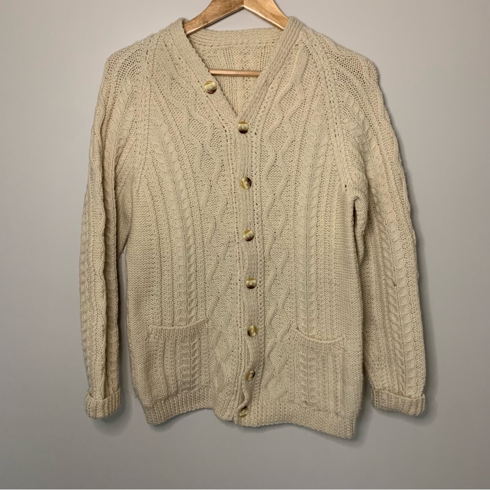 Women’s Aran Fisherman Cableknit Cardigan Sweater Medium Cream Wool